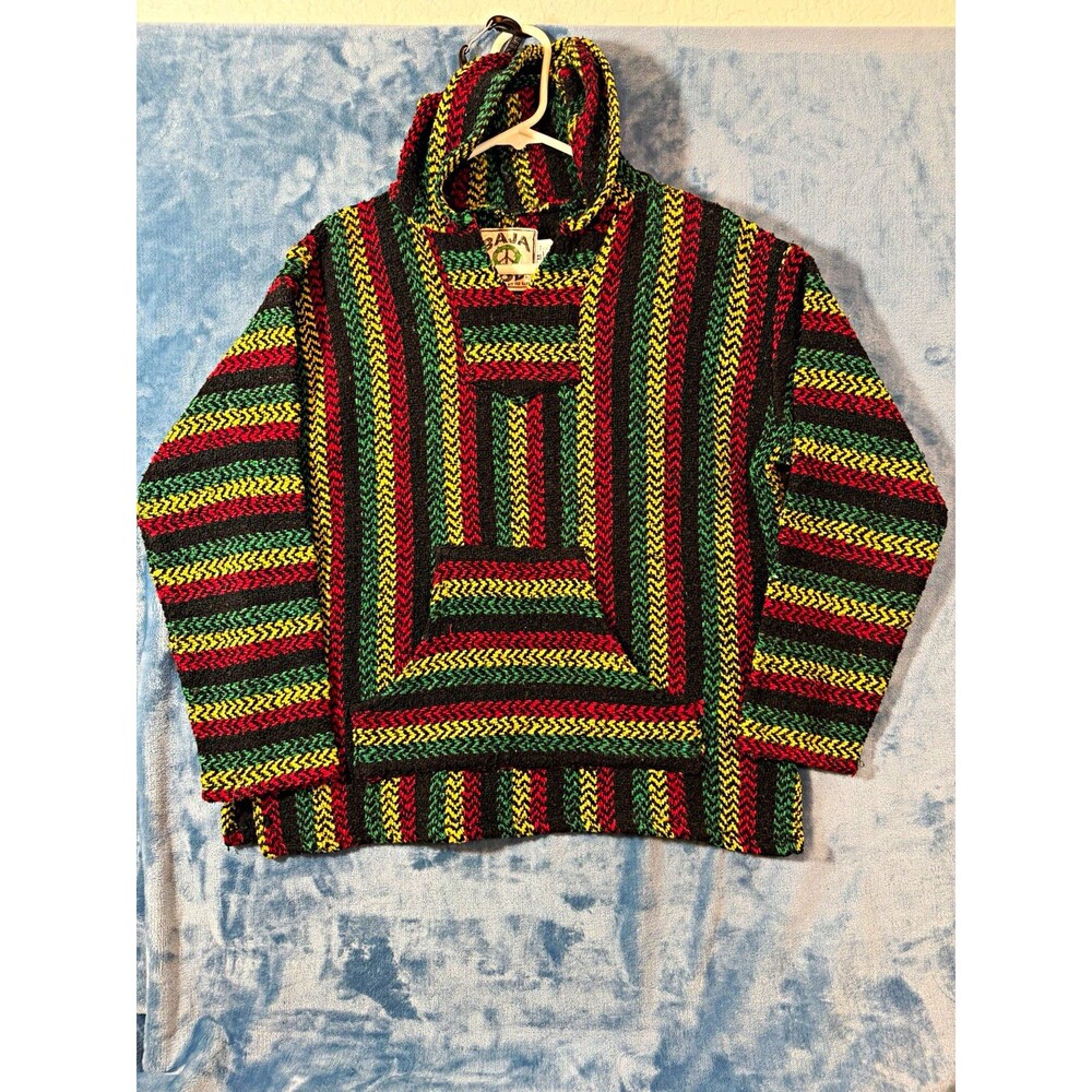 Baja Joe Rasta Drug Rug Hoodie Medium Black Red Green Yellow Woven Pullover M